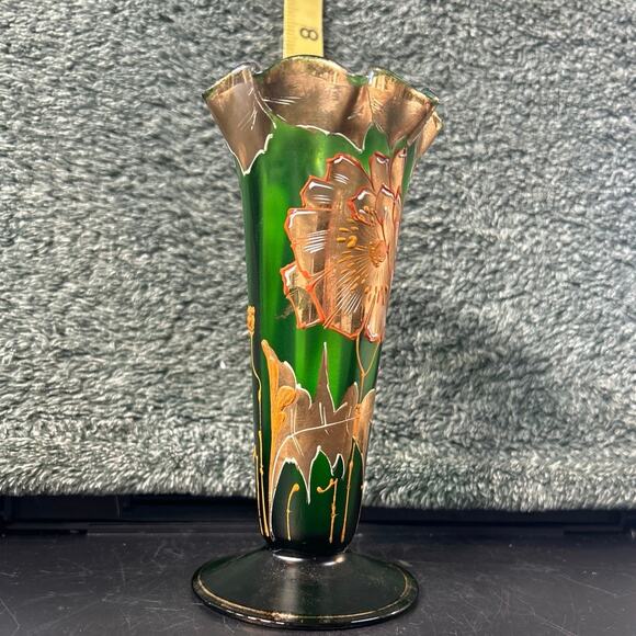 c1890 Moser Emerald Green Vase Gold Gilding Ruffle Top - Picture 10 of 11